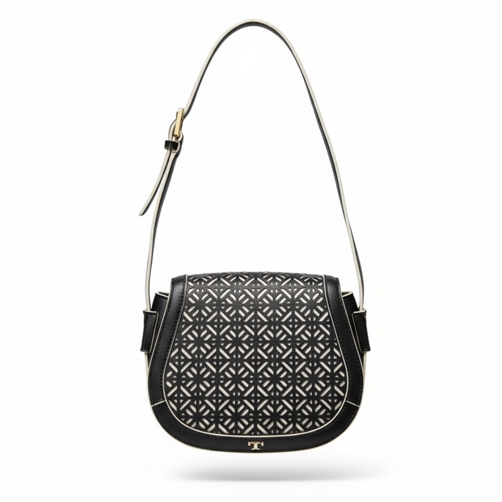 EUC Tory Burch Black & White Laser-Cut Geometric Crossbody Bag!